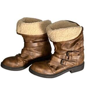 Blowfish Sz 8.5 Mid-Calf Brown Vegan Leather Boots Foldover Faux Fur Buckles